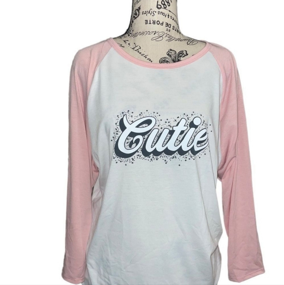 LuLaRoe XL Randy Unisex Baseball Tee • Raglan Mid-length Sleeve • Pink and White